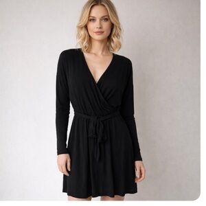 White Birch Black Long Sleeve Wrap Dress Tie Waist Flowy A-Line Classic Chic